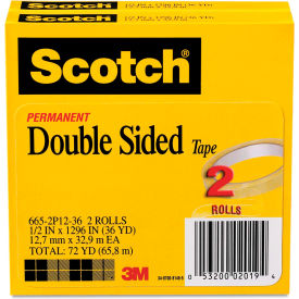 Double-Sided Tape, 1/2" x 1296", 3" Core, Transparent, 2/Pack