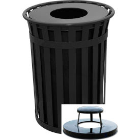 Outdoor Slatted Steel Trash Can With Raincap Top, 50 Gallon, Black