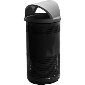 Stadium Series Perforated Steel Round Trash Can with Hood Top, 35 Gallon, Black