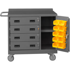Mobile Service Bench, 10 Bins/Shelf, 4 Drawers, 42-1/8"W x 18-1/4"D, Gray
