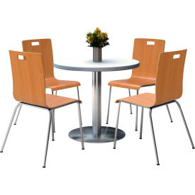 36" Round Dining Table & 4 Chair Set, White Table With Natural Chairs