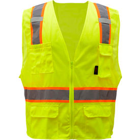 1501 Multi-Purpose Class 2 Two Tone Mesh Zipper 6 Pockets Vest, Lime, Medium