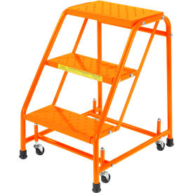 Perforated 16"W 3 Step Steel Rolling Ladder 10"D Top Step - Orange