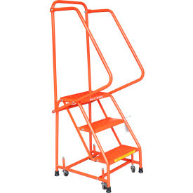 16"W 3 Step Steel Rolling Ladder 10"D Top Step with Handrails - Orange