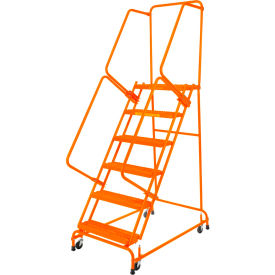 Perforated 24"W 6 Step Steel Rolling Ladder 21"D Top Step W/Handrails Orange
