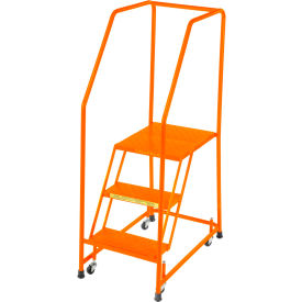 Perforated 16"W 3 Step Steel Rolling Ladder 20"D Top Step W/ Handrails - Orange