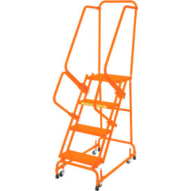 Perforated 16"W 4 Step Steel Rolling Ladder 21"D Top Step with Handrails - Orange