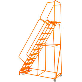 Perforated 24"W 9 Step Steel Rolling Ladder 14"D Top Step W/Handrails Lock Step Orange
