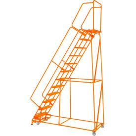 Perforated 24"W 11 Step Steel Rolling Ladder 14"D Top Step W/Handrails Lock Step Orange