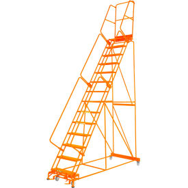 Perforated 24"W 15 Step Steel Rolling Ladder 21"D Top Step W/Handrail Lock Step Orange