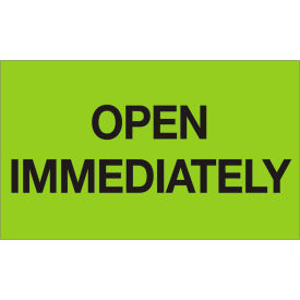 Receiving Labels w/ "Open Immediately" Print, 5"L x 3"W, Fluorescent Green, Roll of 500