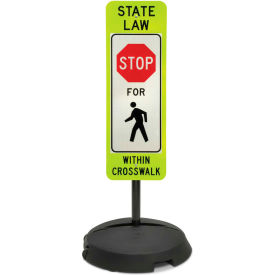 Sign with Wheeled Sign Base, State Law Stop for Pedestrians, 12"W x 36"H
