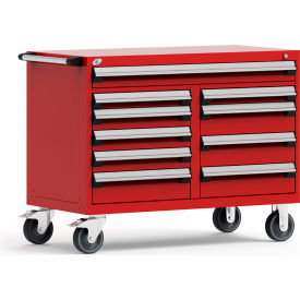 Mobile Cabinet, 10 Multi Drawers, 48"W x 27"D x 37-1/2"H, Red