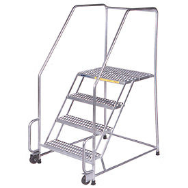 4 Step 24"W Stainless Steel Tilt and Roll Ladder - Heavy Duty Serrated Grating
