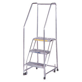 3 Step 24"W Stainless Steel Rolling Ladder With Rails - Heavy Duty Serrated Grating