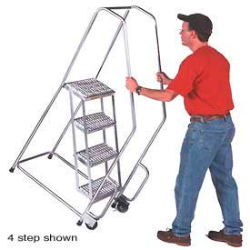 6 Step 24"W Aluminum Tilt and Roll Ladder - Heavy Duty Serrated Grating