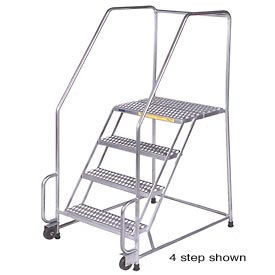 6 Step 24"W Stainless Steel Tilt and Roll Ladder - Heavy Duty Serrated Grating