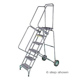 10 Step 16"W Stainless Steel Fold and Store Rolling Ladder - Perforated Tread