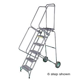 5 Step 16"W Stainless Steel Fold and Store Rolling Ladder - Heavy Duty Serrated Grating