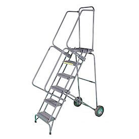 6 Step 16"W Stainless Steel Fold and Store Rolling Ladder - Perforated Tread
