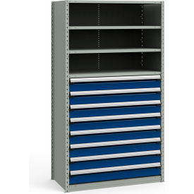 Steel Shelving 48-5/8"Wx24"Dx87"H Closed 5 Shelf 8 Drawer Gray With Blue Drawers