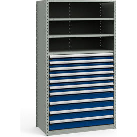 Steel Shelving 48-5/8"Wx24"Dx87"H Closed 5 Shelf 10 Drawer Gray With Blue Drawers