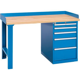 Industrial Workbench with Leg, 5 Drawers, 41 Compartments, 60"W x 30"D, Blue