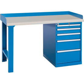 Industrial Workbench w/ Leg, 5 Drawers Cabinet, Plastic Laminate Top, 60"W x 30"D, Blue