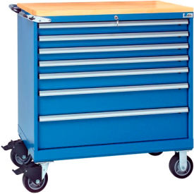 7 Drawer 40-1/4" Shallow Depth Mobile Cabinet w/Butcher Top-Bright Blue, Individual Lock