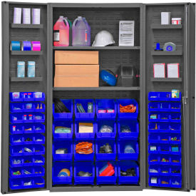 Bin Cabinet Deep Door - 64 Blue Bins, 16 Ga. All-Welded Cabinet 36 x 24 x 72