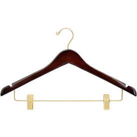 17" Wood Hanger for Ladies' Suit/Skirt, Standard Hook, Walnut w/ Brass Hardware, 100/Case