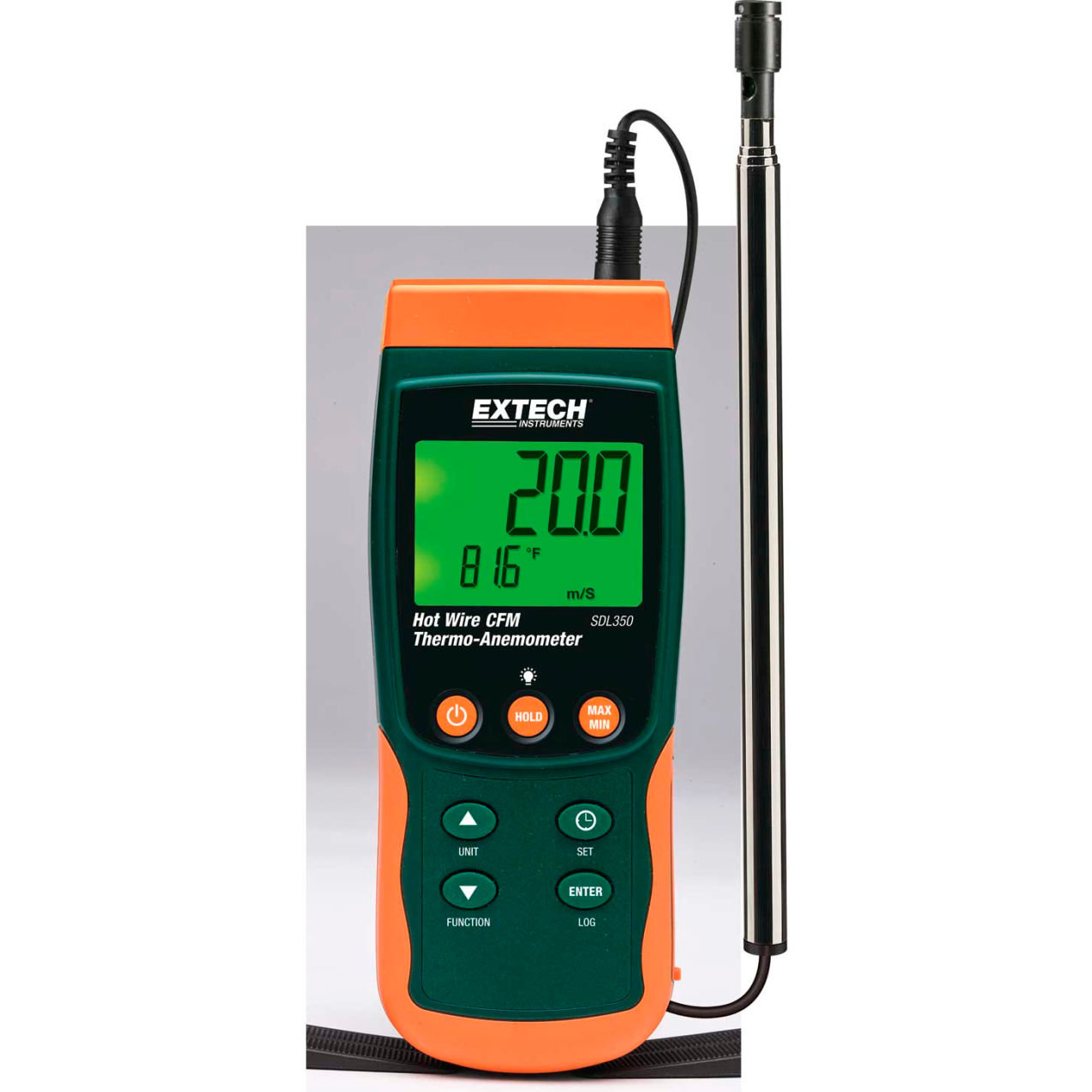 SDL350 Hot Wire CFM Thermo-Anemometer/Datalogger, Green/Orange, Probe Sensor, 7.2"L