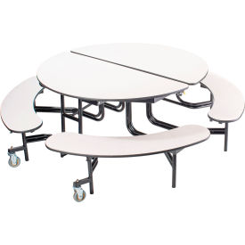 60" Round Foldable Cafeteria Table With Benches, Gray Top/Black Frame