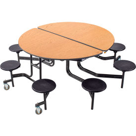 60" Round Mobile Cafeteria Table With Stools, Oak Top/Black Stools