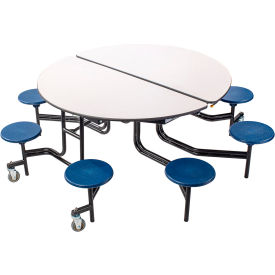 60" Round Mobile Cafeteria Table With Stools, Gray Top/Blue Stools/Black Frame