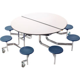 60" Round Mobile Cafeteria Table With Stools, Gray Top/Blue Stools/Chrome Frame