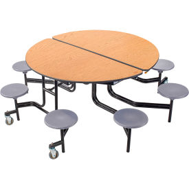 60" Round Mobile Cafeteria Table With Stools, Oak Top/Gray Stools/Black Frame