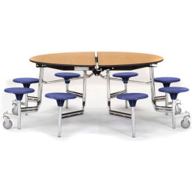 60" Round Mobile Cafeteria Table With Stools, Oak Top/Blue Stools/Chrome Frame