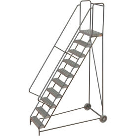 10 Step Aluminum Wheel-Barrow Style Rolling Ladder 24"W X 14"D Plat. Grip Strut Tread
