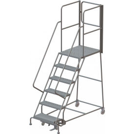 6 Step Steel Rolling Ladder with Rear Exit Walk Off Gate, 24"W X 30"D Platform. Perforated