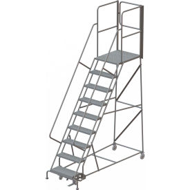 9 Step Steel Rolling Ladder with Rear Exit Walk Off Gate, 24"W X 30"D Platform, Perforated