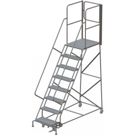 8 Step Steel Rolling Ladder with Rear Exit Walk Off Gate, 24"W X 30"D Platform Perforated