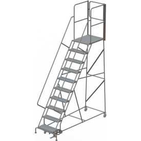 10 Step Steel Rolling Ladder with Rear Exit Walk Off Gate, 24"W X 30"D Platform. Perforated