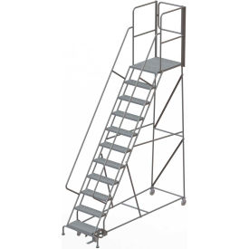 11 Step Steel Rolling Ladder with Rear Exit Walk Off Gate, 24" Width X 30" Depth Platform Perforated