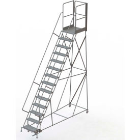 14 Step Steel Rolling Ladder with Rear Exit Walk Off Gate, 24"W X 30"D Platform Perforated