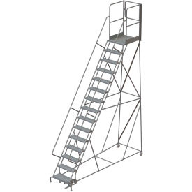 15 Step Steel Rolling Ladder with Rear Exit Walk Off Gate, 24"W x 30"D Platform Perforated