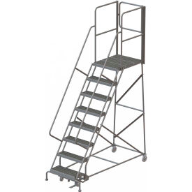 8 Step Steel Rolling Ladder with Rear Exit Walk Off Gate, 24"W x 30"D Platform Serrated