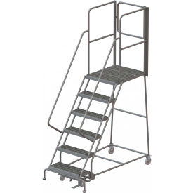 6 Step Steel Rolling Ladder with Rear Exit Walk Off Gate, 24"W x 30"D Platform Serrated
