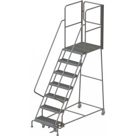 7 Step Steel Rolling Ladder with Rear Exit Walk Off Gate, 24"W X 30"D Platform Serrated