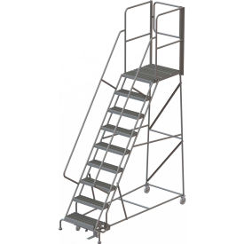 9 Step Steel Rolling Ladder with Rear Exit Walk Off Gate, 24" Width x 30" Depth Platform, Serrated